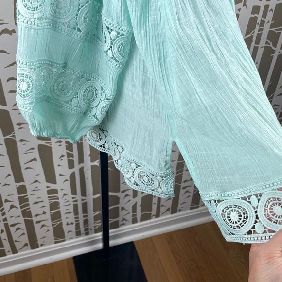 Indigo Soul Gauze Crochet Lace Trim Balloon Sleeve Tunic Top 2XL - Picture 7 of 11